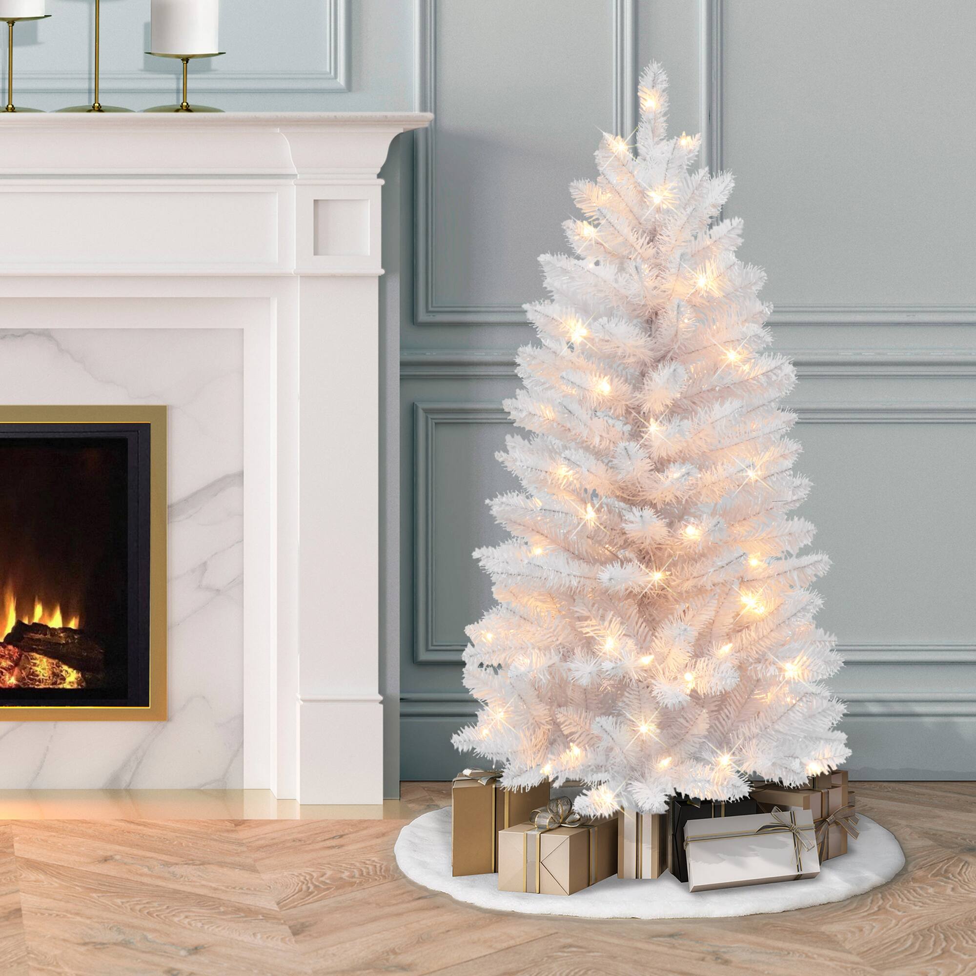 4ft. Pre-Lit White Carson Artificial Pine Christmas Tree, Clear Lights